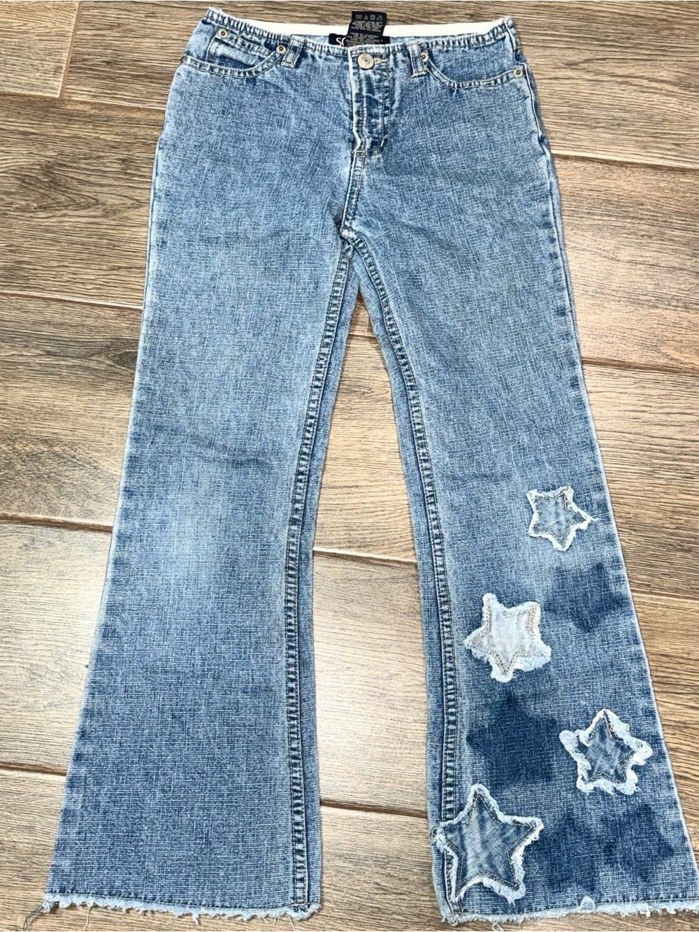 Light Blue Kids Vintage SQZ Embroidered Y2K Girls Star Patch Flare Jeans Size 8